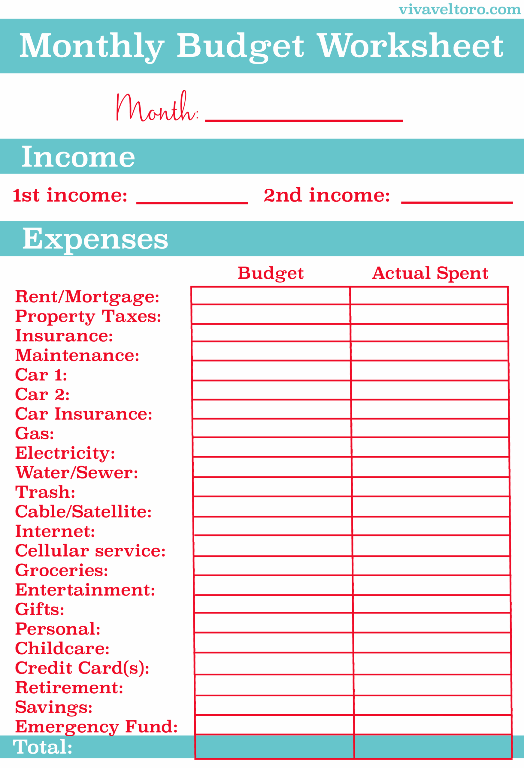 printable monthly budget worksheet