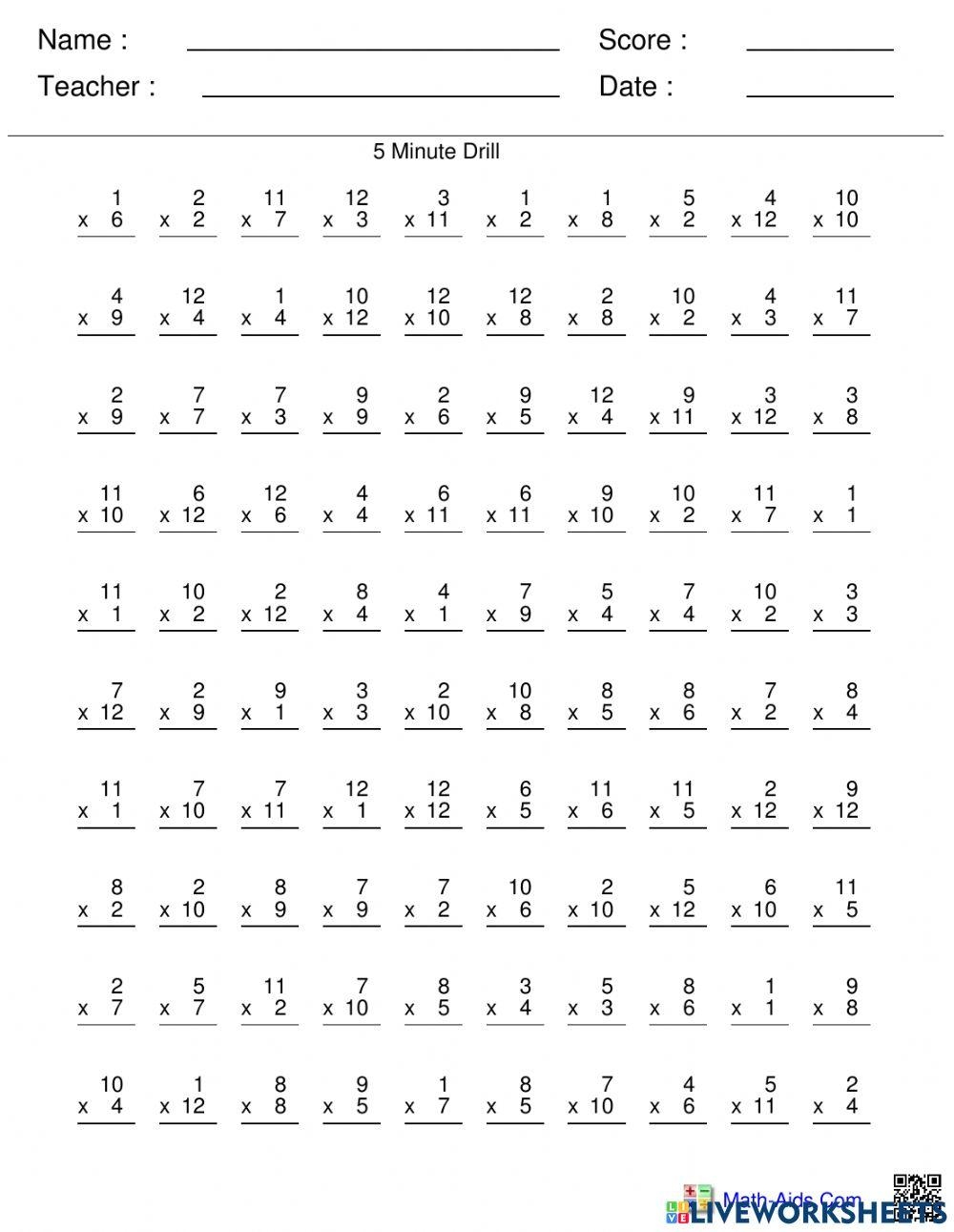 Multiplication Facts 0 12 Online Exercise For Live Worksheets Worksheets Library