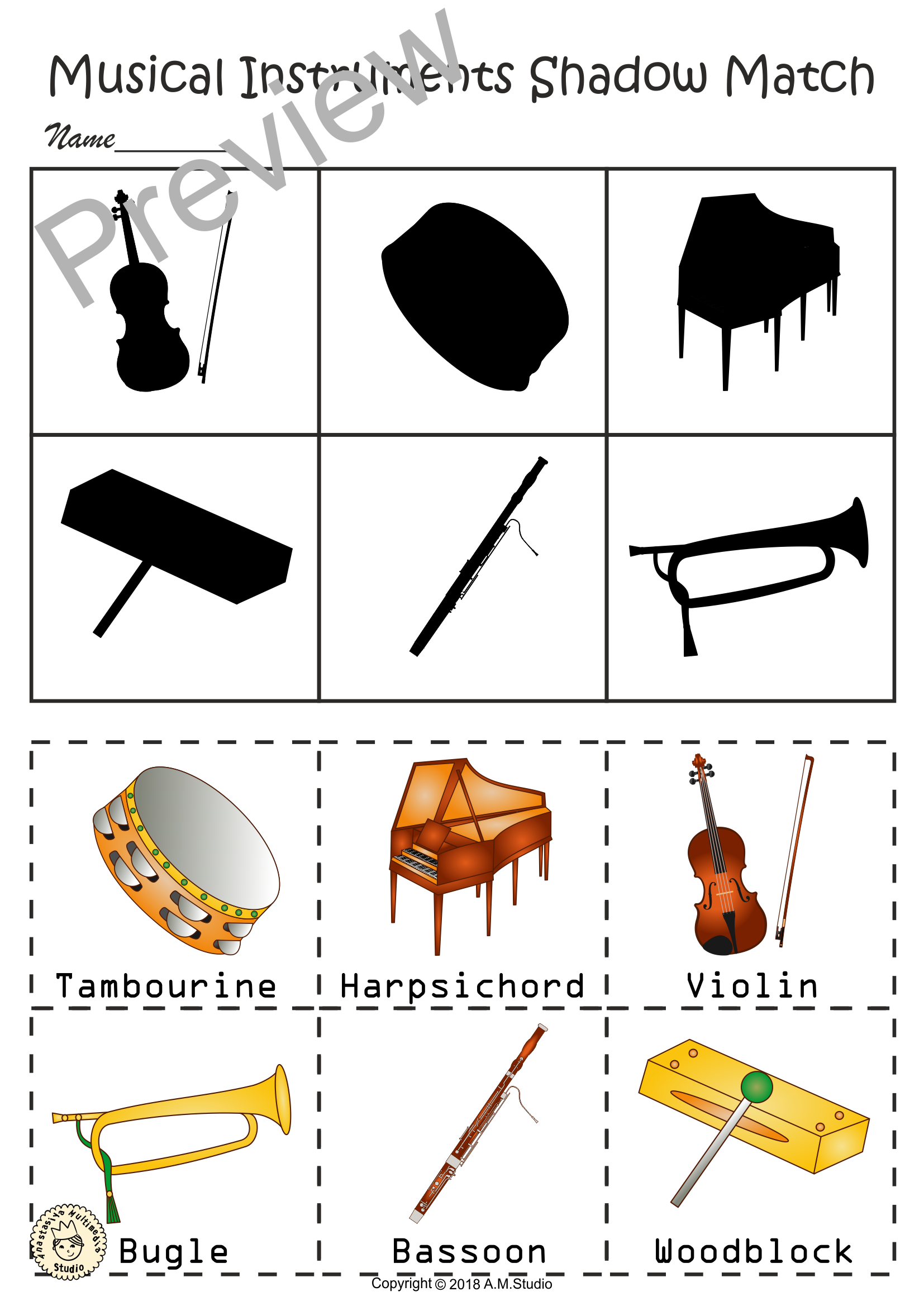 Musical Instruments Shadow Matching Cut And Paste Worksheets