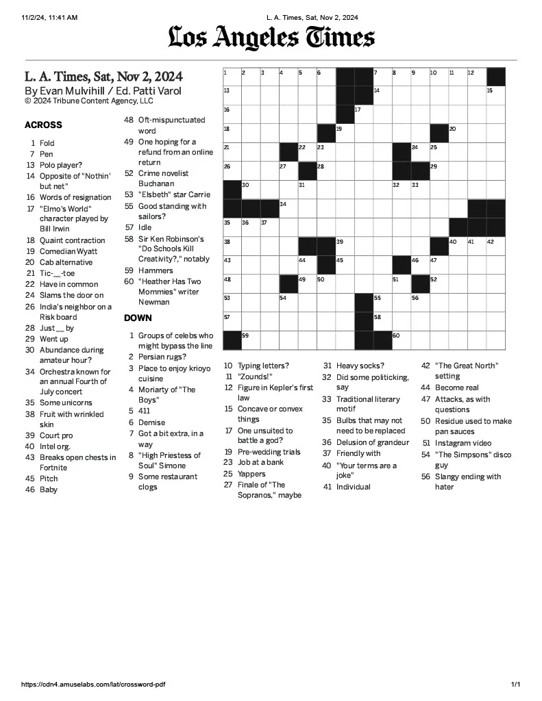 sunday la times crossword printable