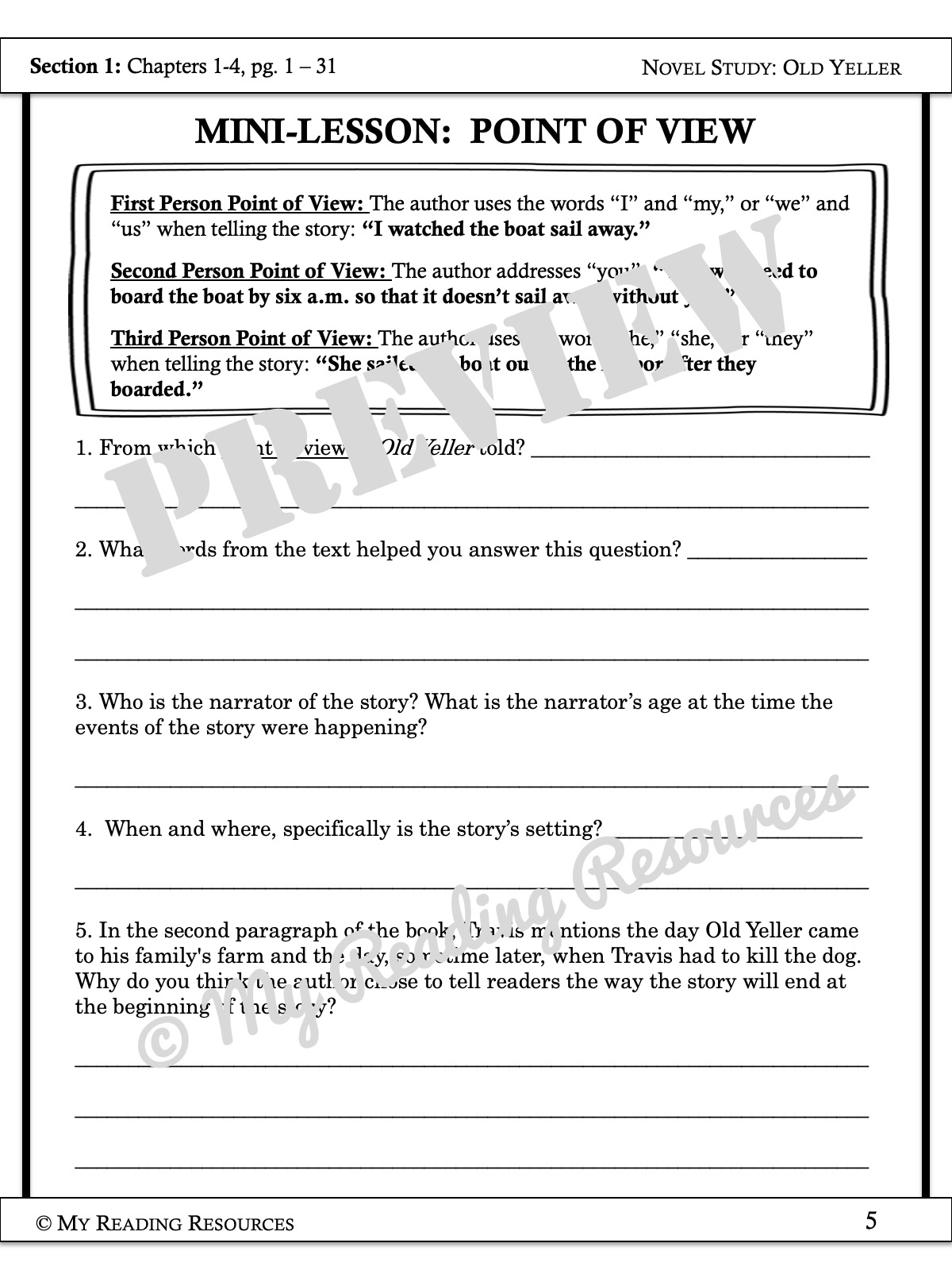 Old Yeller Student Worksheet Packet My Reading Resources Worksheets Library