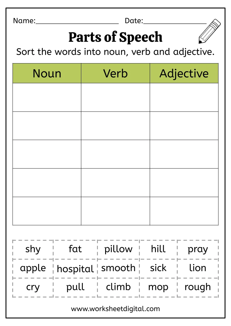 parts of speech worksheets printable