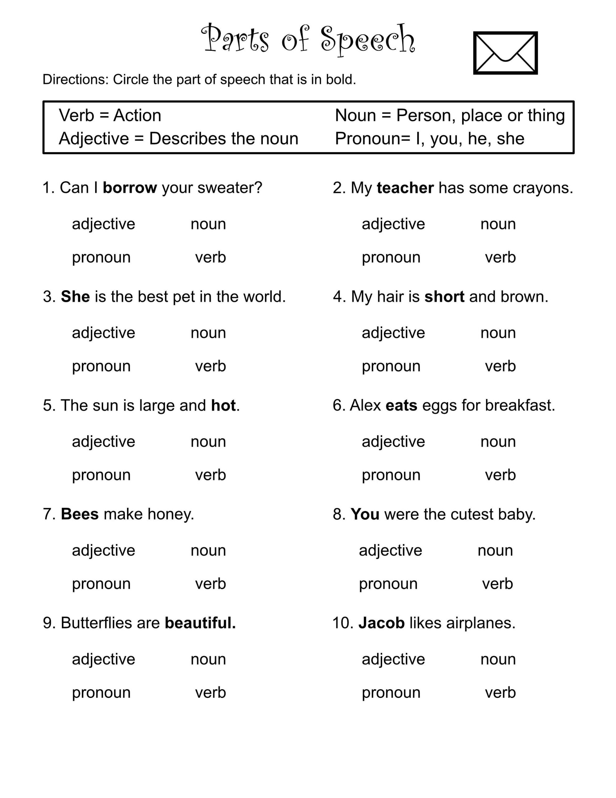 Parts Of Speech Worksheets Grades 1 3 Nouns Verbs printable PDF Etsy
