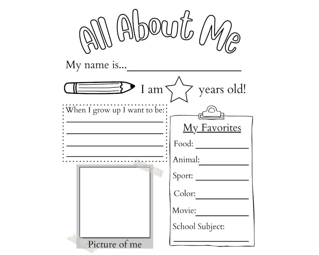 PRINTABLE All About Me Worksheet Printable Activity For Kids First Day Of School Questionnaire PDF Etsy New Zealand