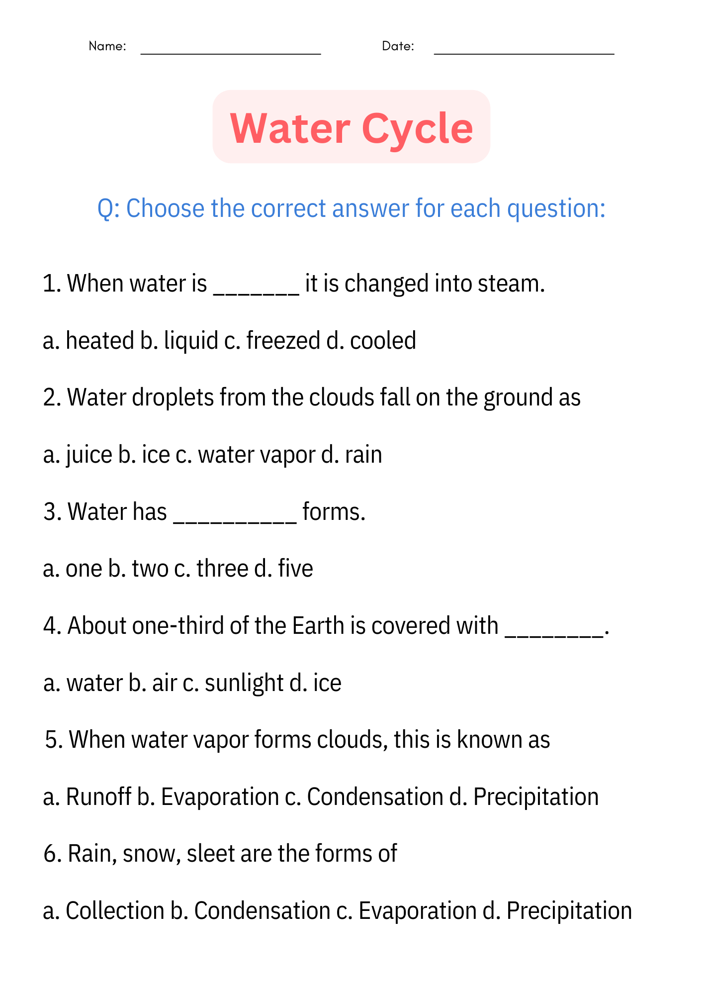 Printable Diagram Science Water Cycle Worksheet And Activities For Grade 1 2 3 Made By Teachers