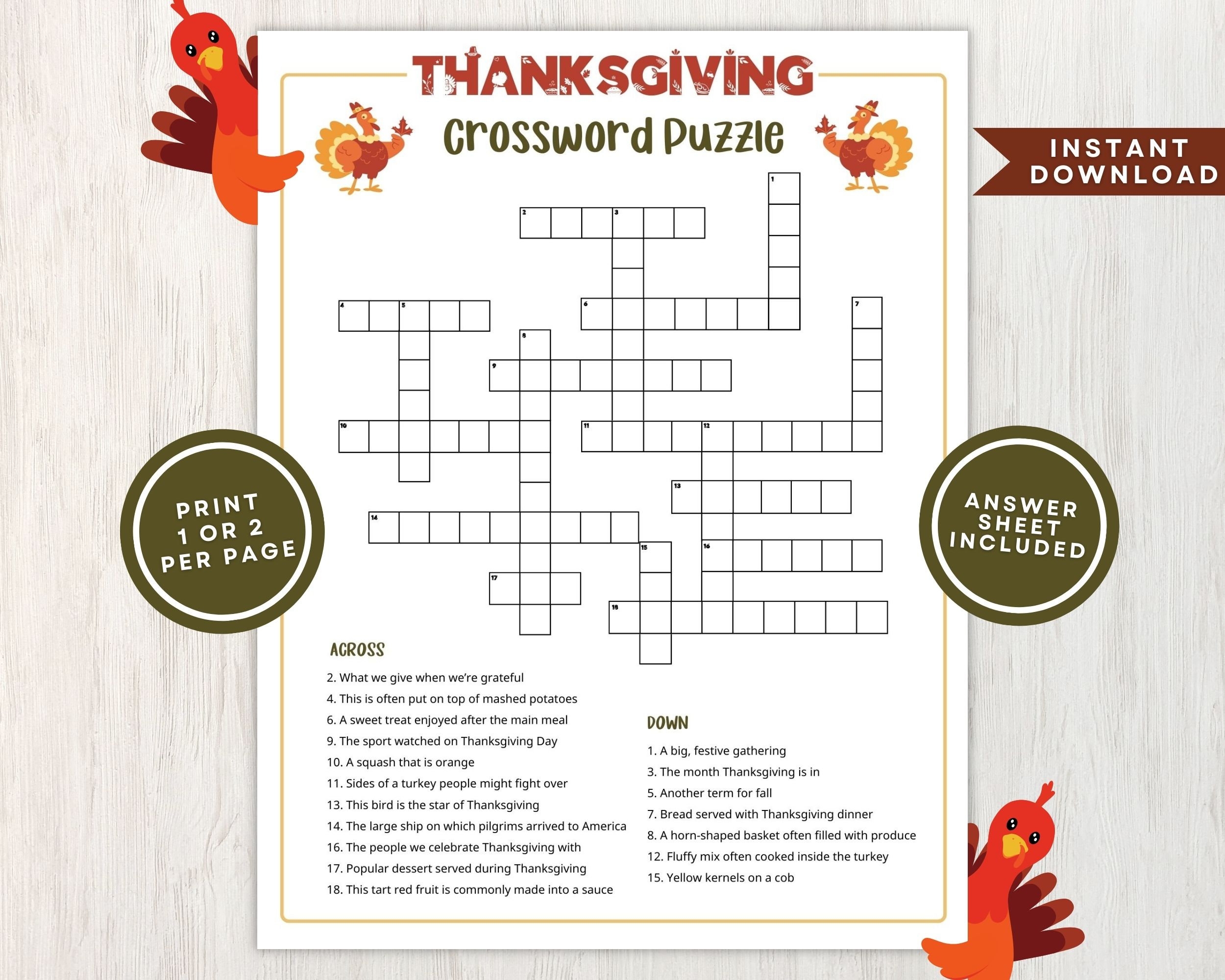 free printable thanksgiving crossword