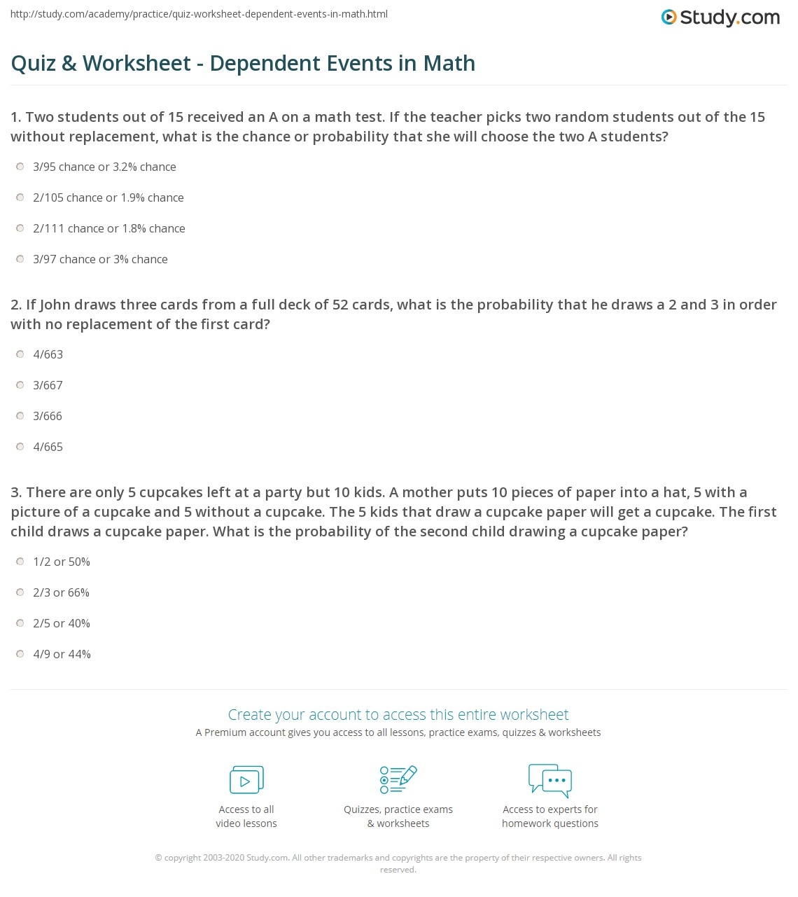 Quiz Worksheet Dependent Events In Math Study
