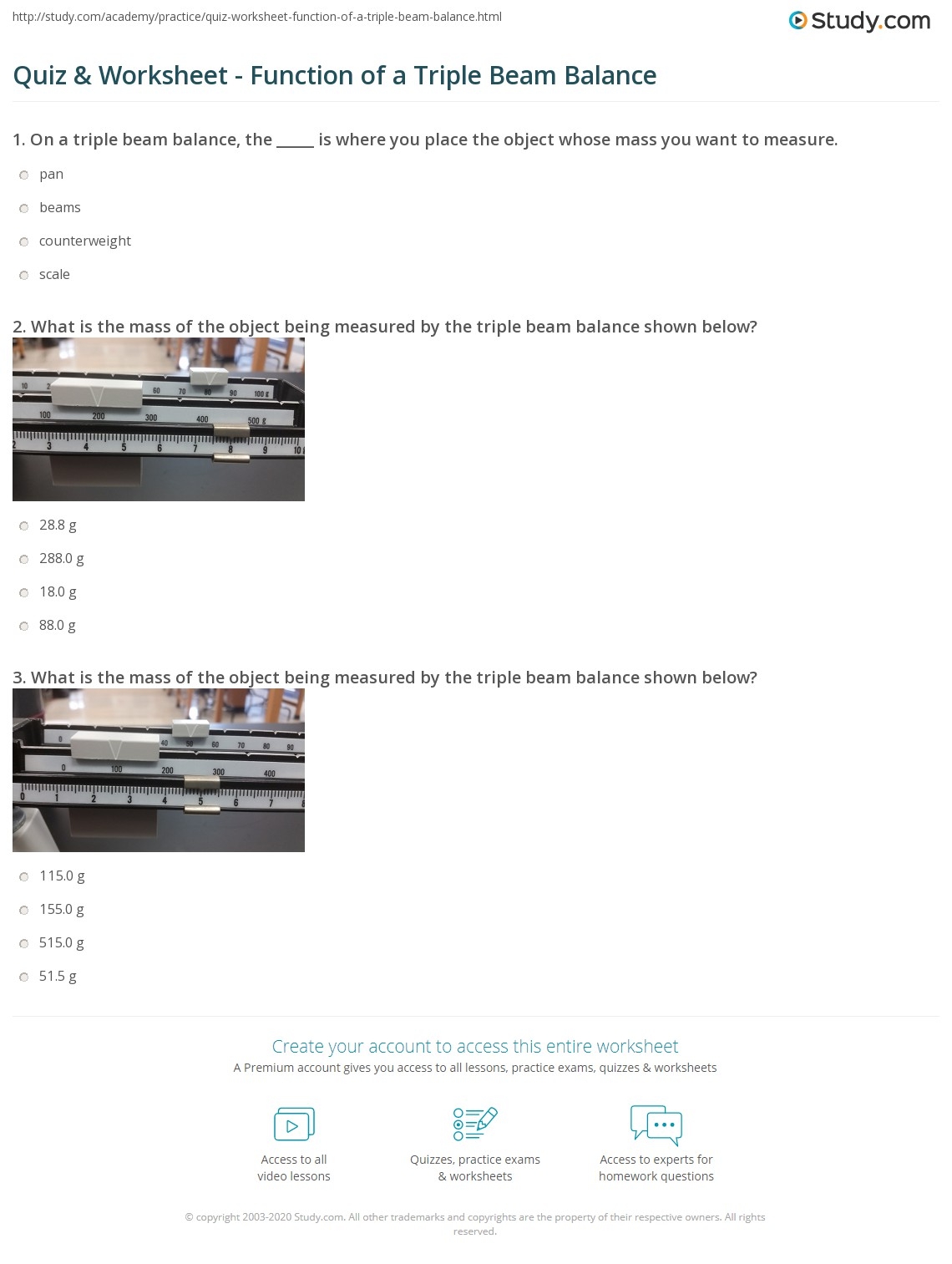 Quiz Worksheet Function Of A Triple Beam Balance Study