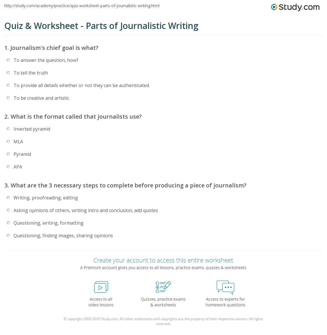Quiz Worksheet Parts Of Journalistic Writing Study