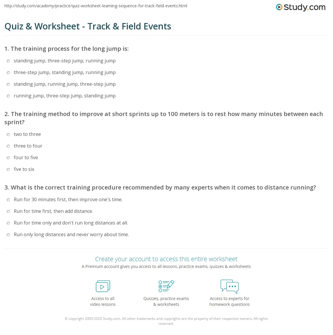 Quiz Worksheet Track Field Events Study