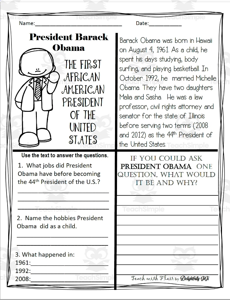 Reading Comprehension For Black History Month President Barack Obama By Teach Simple