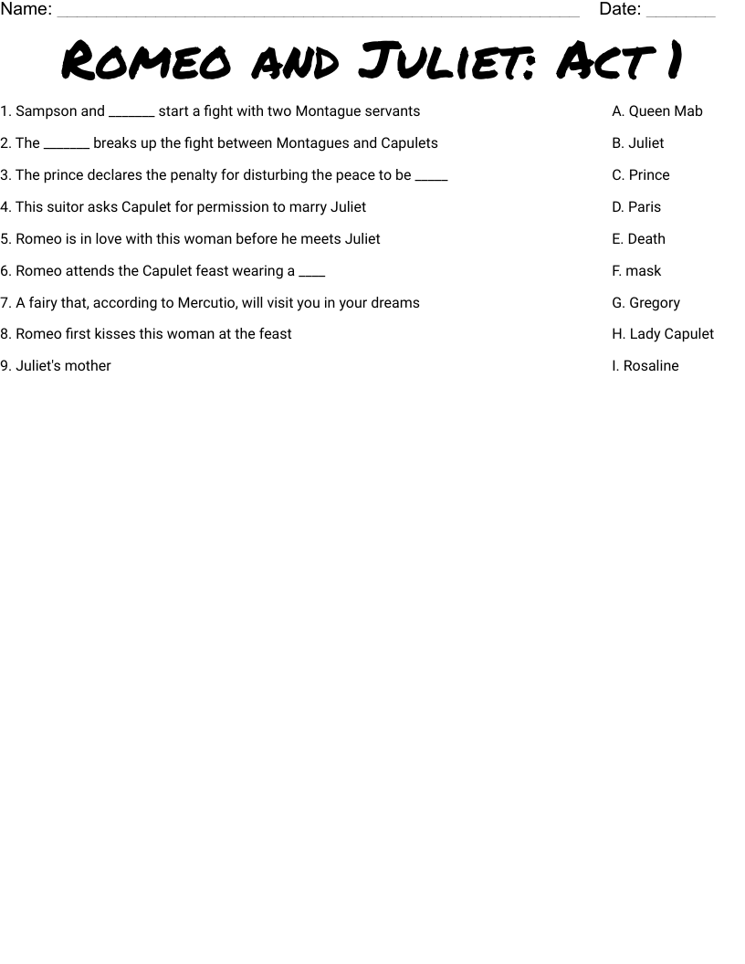 romeo and juliet printable worksheets