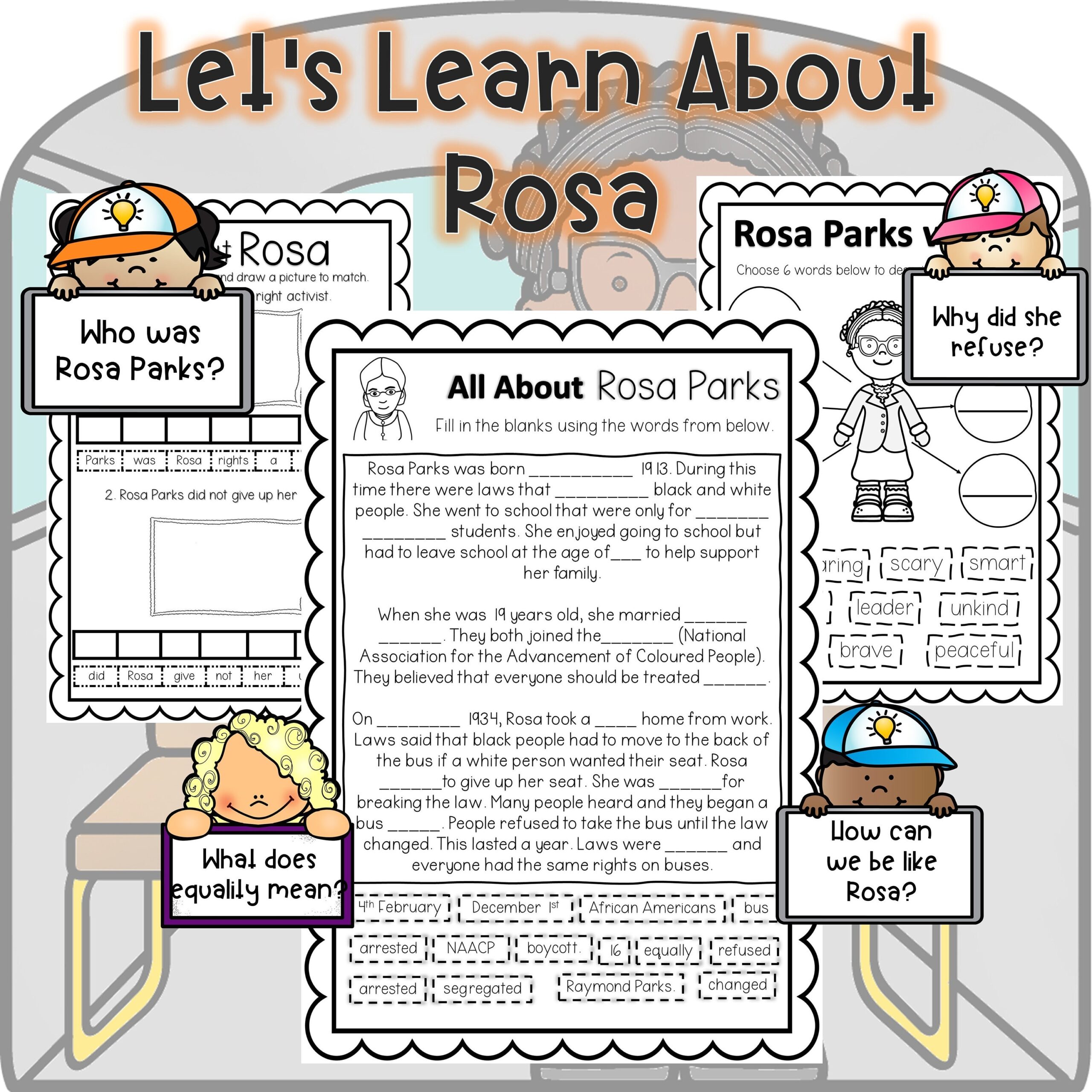 Rosa Parks Activities worksheets For Kids Etsy
