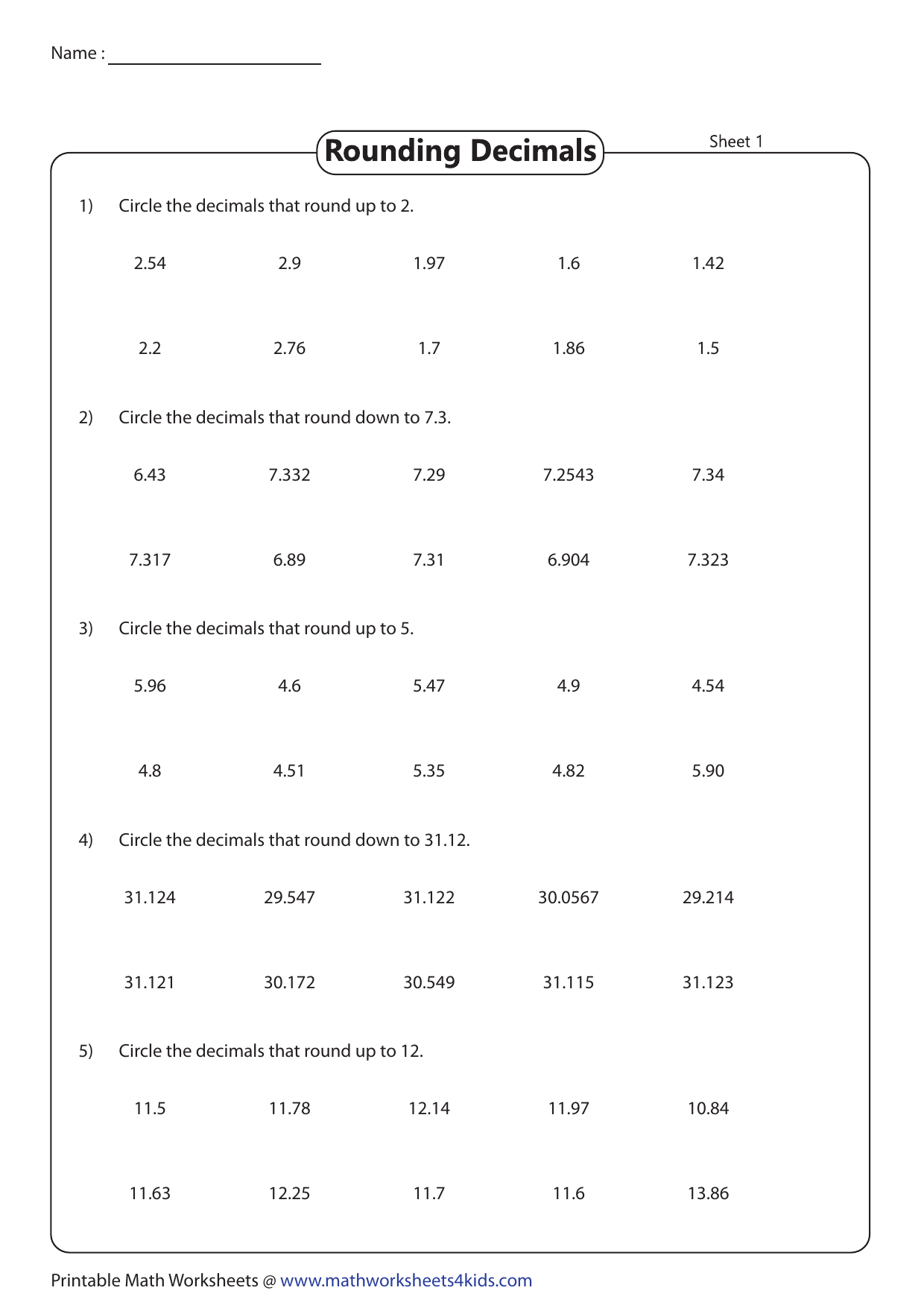 Rounding Decimals Worksheet For Elementary School