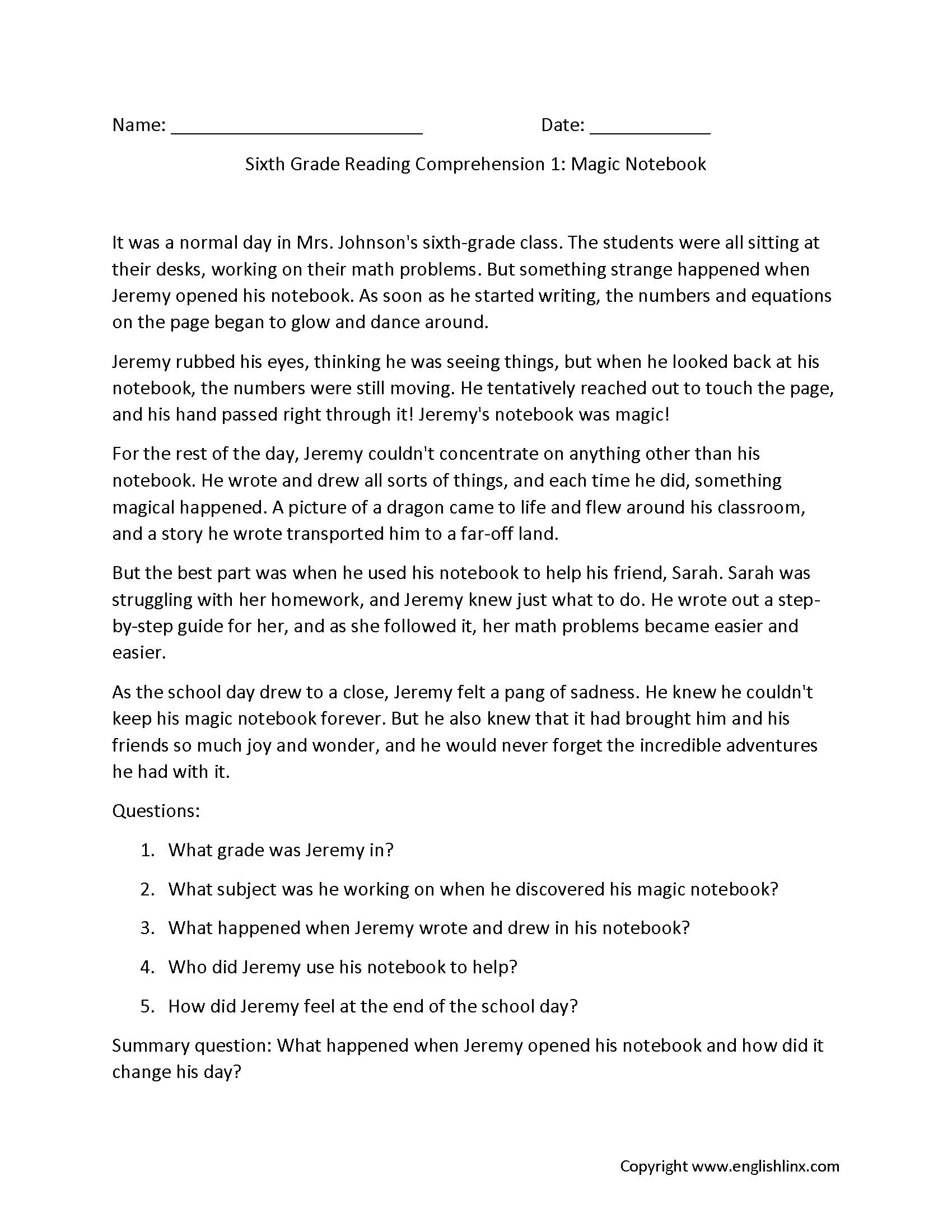 Sixth Grade Reading Comprehension Worksheets Free Printable 6th Grade Reading Passages