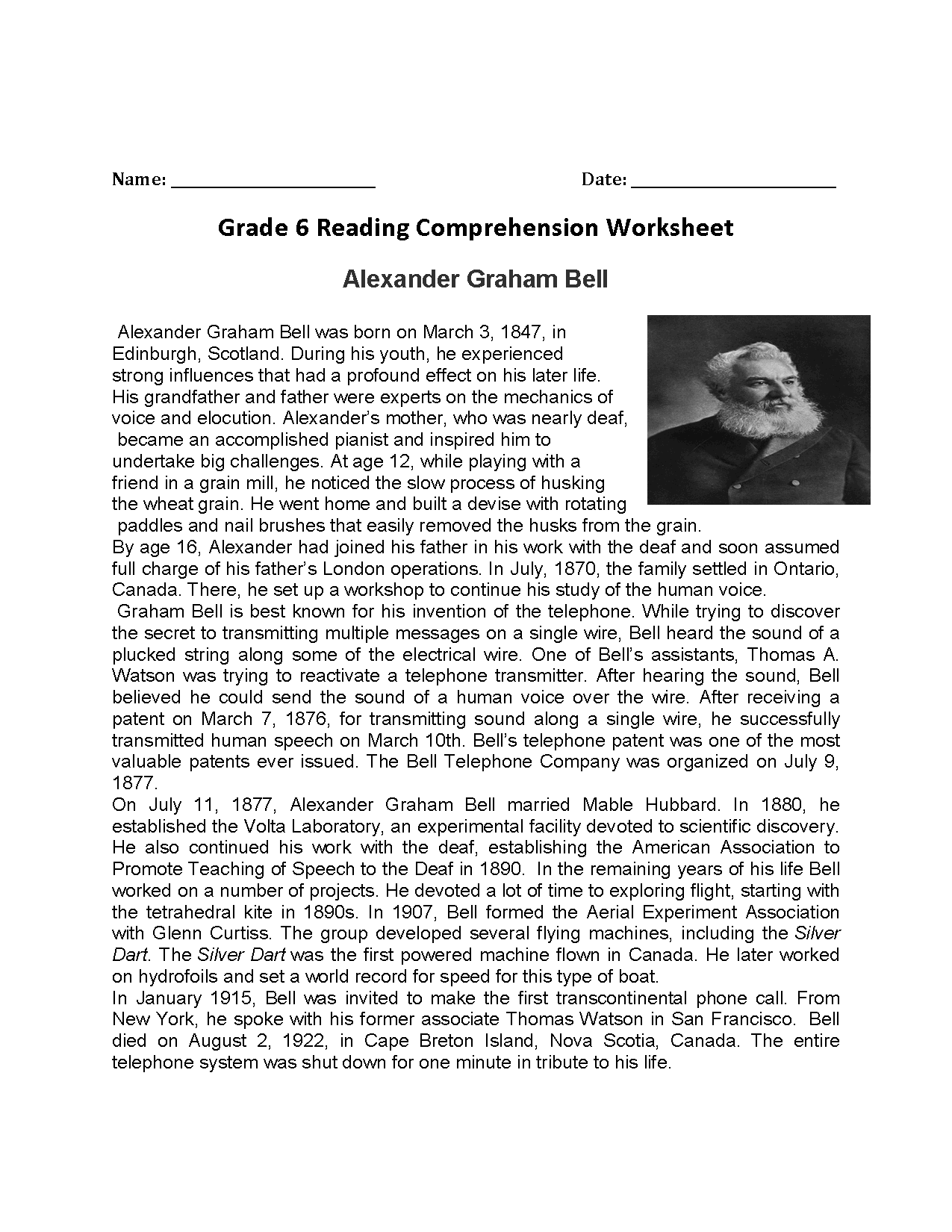 free printable reading comprehension worksheet grade 6