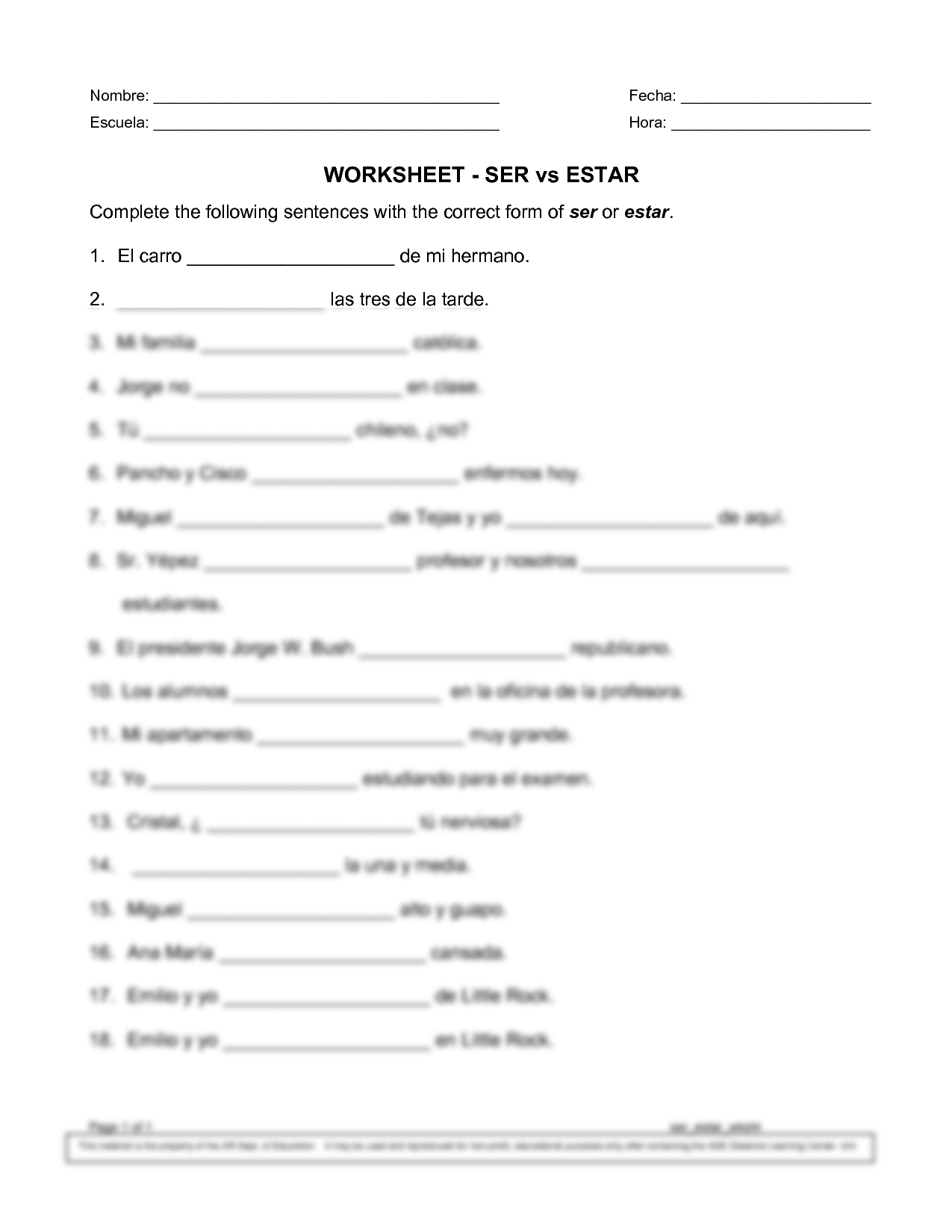 ser vs. estar worksheet printable