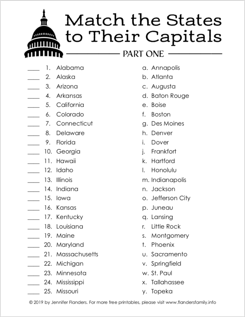 State Capital Matching Game Flanders Family Home Life Worksheets Library