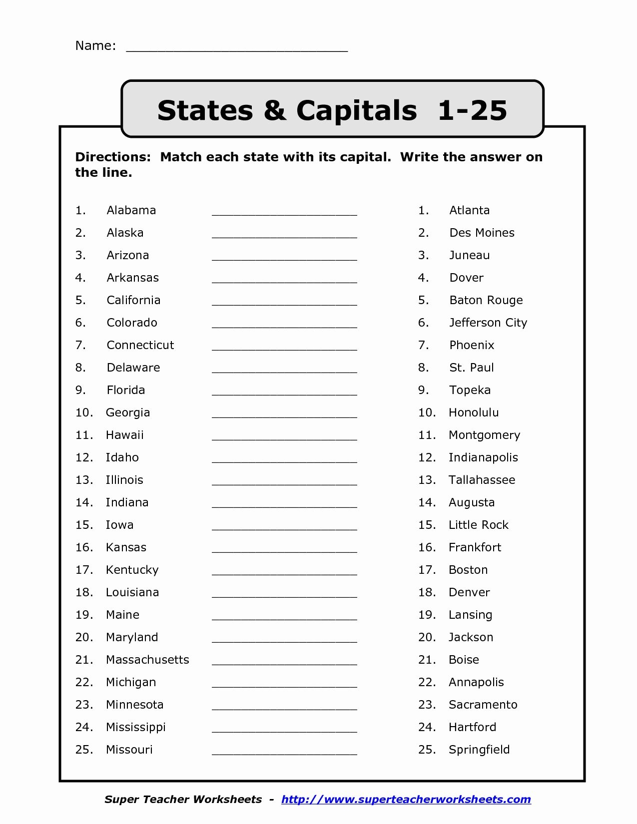 States And Capitals Matching Worksheet New Name States Capitals 1 Worksheets Library