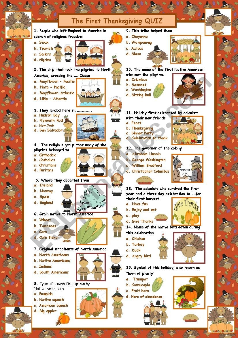 The First Thanksgiving Quiz with Answers ESL Worksheet By Maguyre