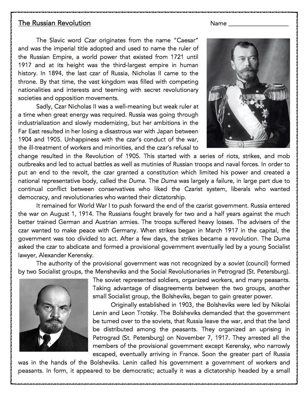 The Russian Revolution Reading Comprehension Passage Classful
