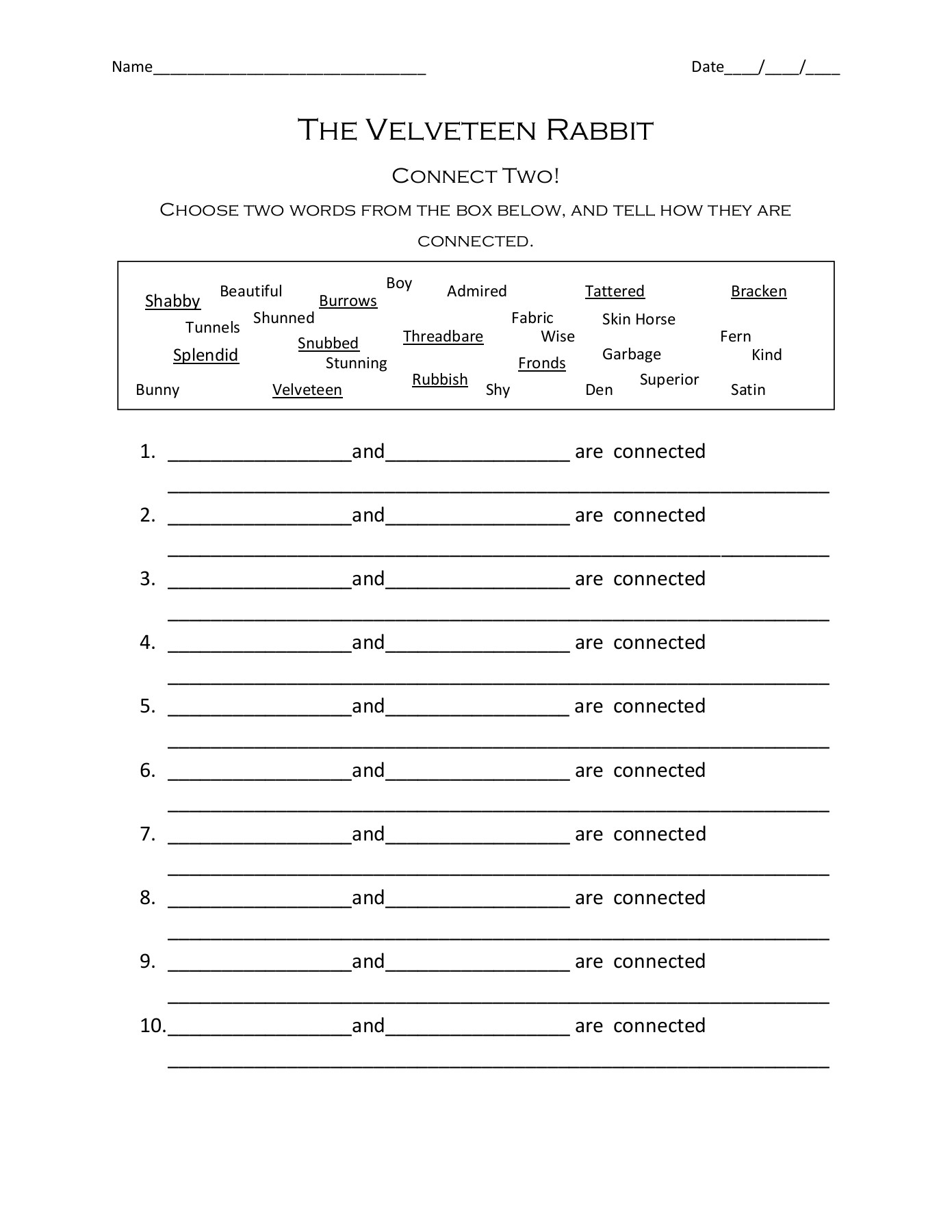 velveteen rabbit printable worksheets
