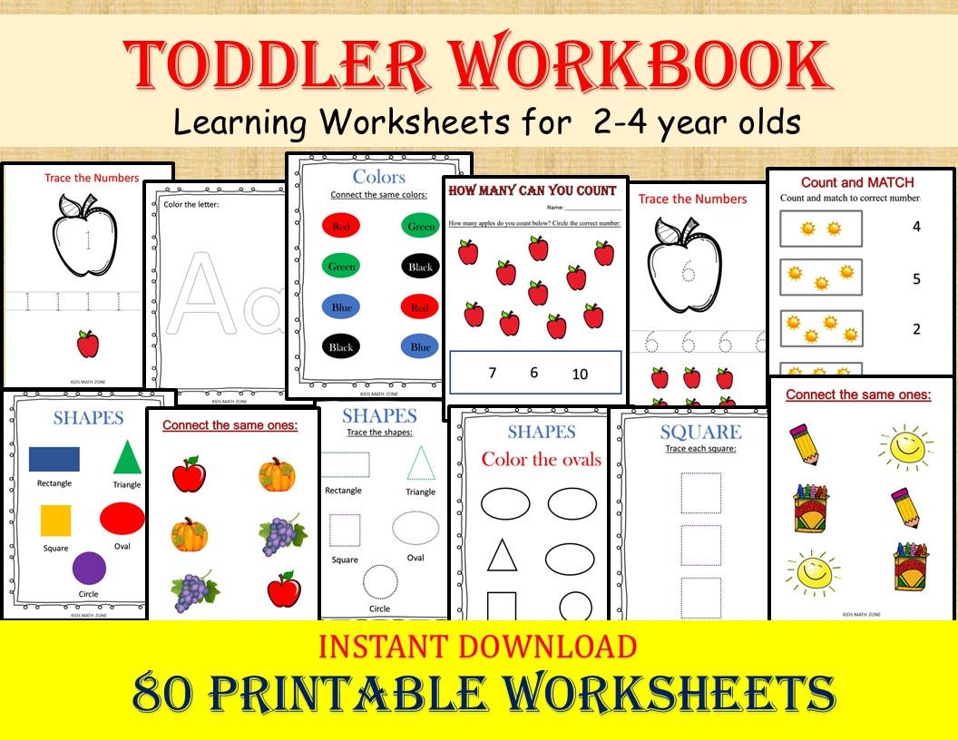TODDLER WORKBOOK 80 Printable Worksheets Kids Activities Preschool Learning Alphabet Tracing Numbers Shapes Colors 2 4 Year Old Etsy