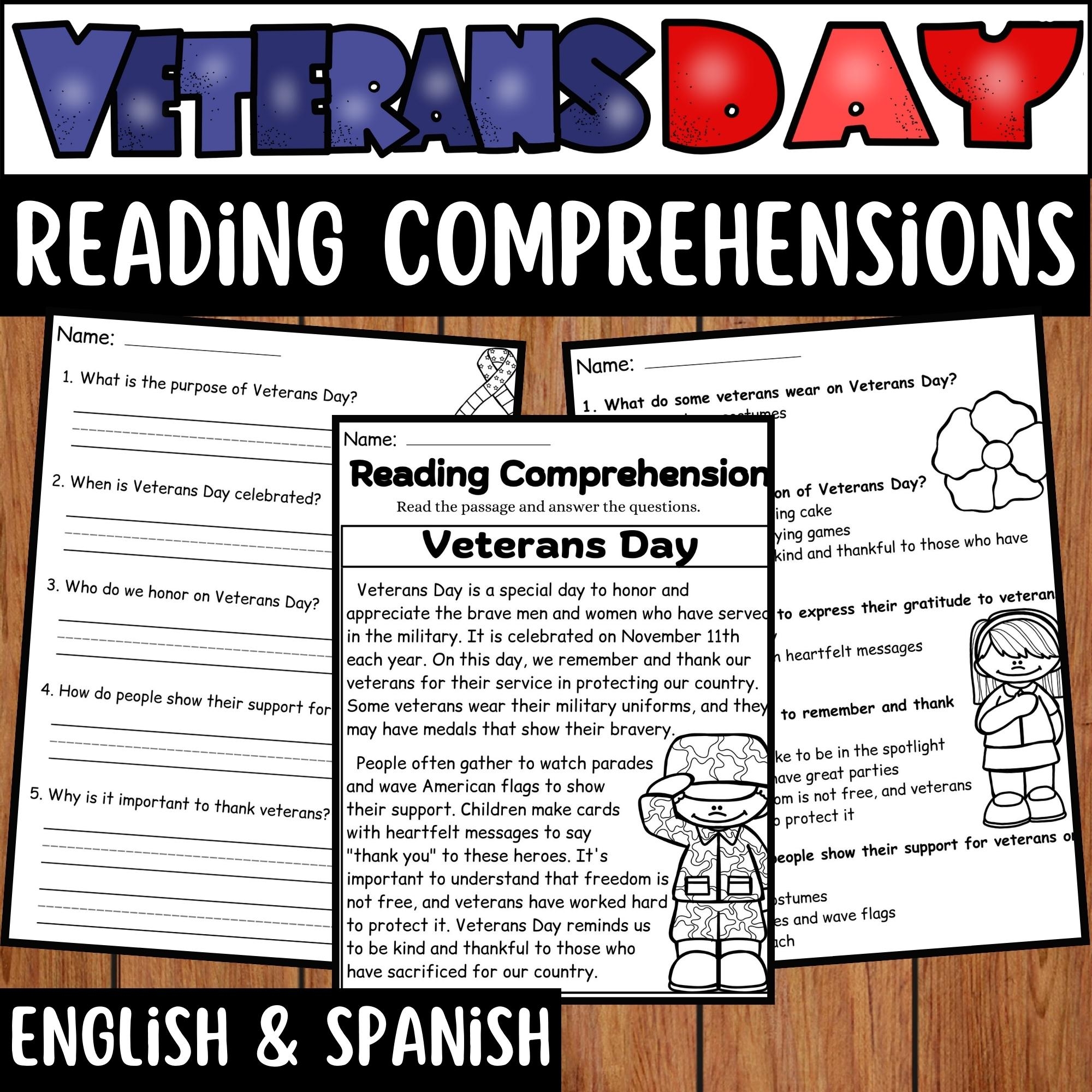 Veterans Day Reading Comprehension Passage Questions English Spanish Version Made By Teachers