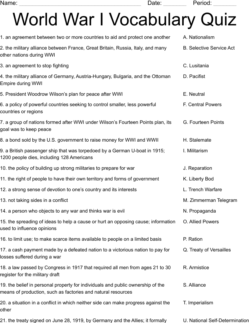 World War I Vocabulary Quiz Worksheet WordMint