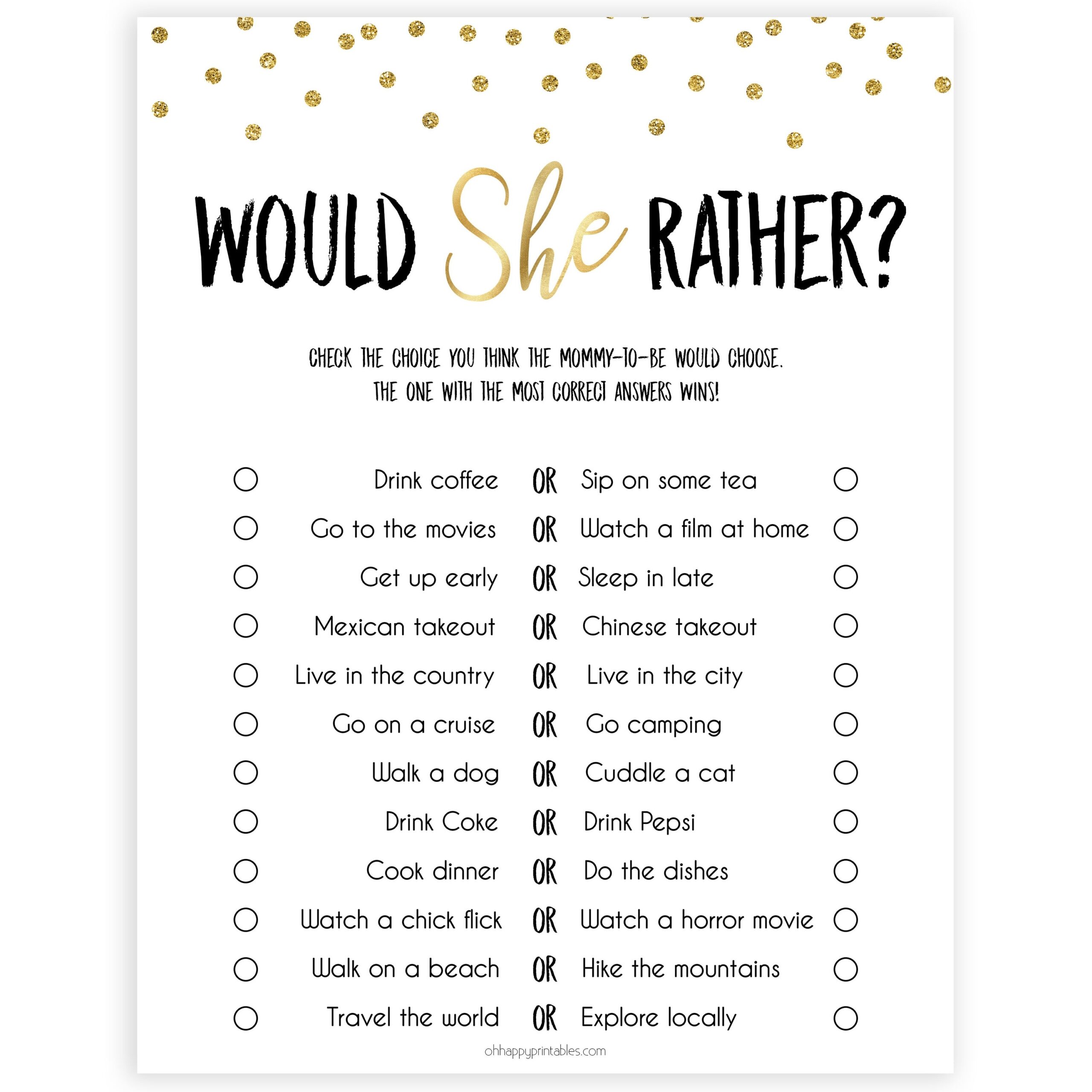 Would She Rather Printable Gold Baby Shower Games Worksheets Library