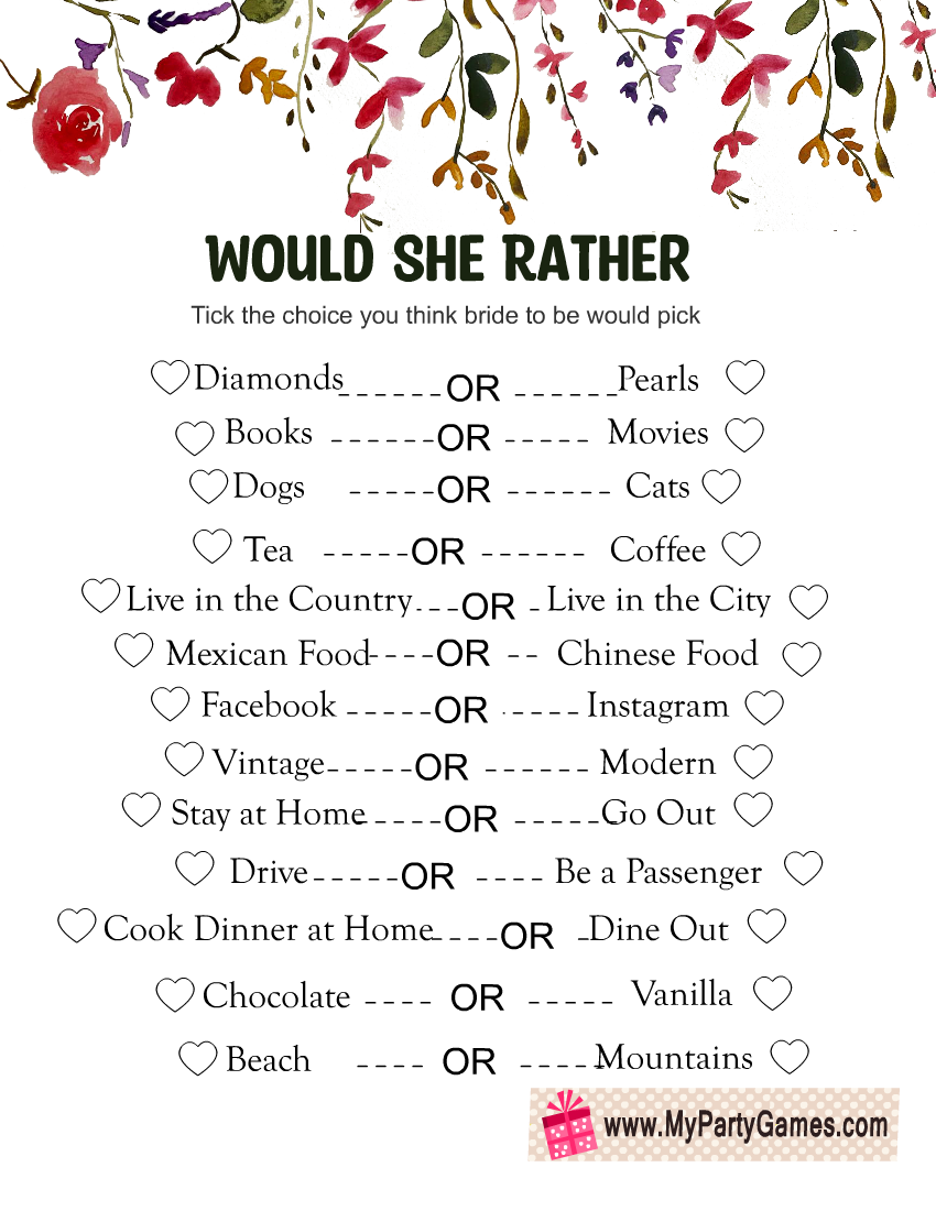 bridal shower games printable