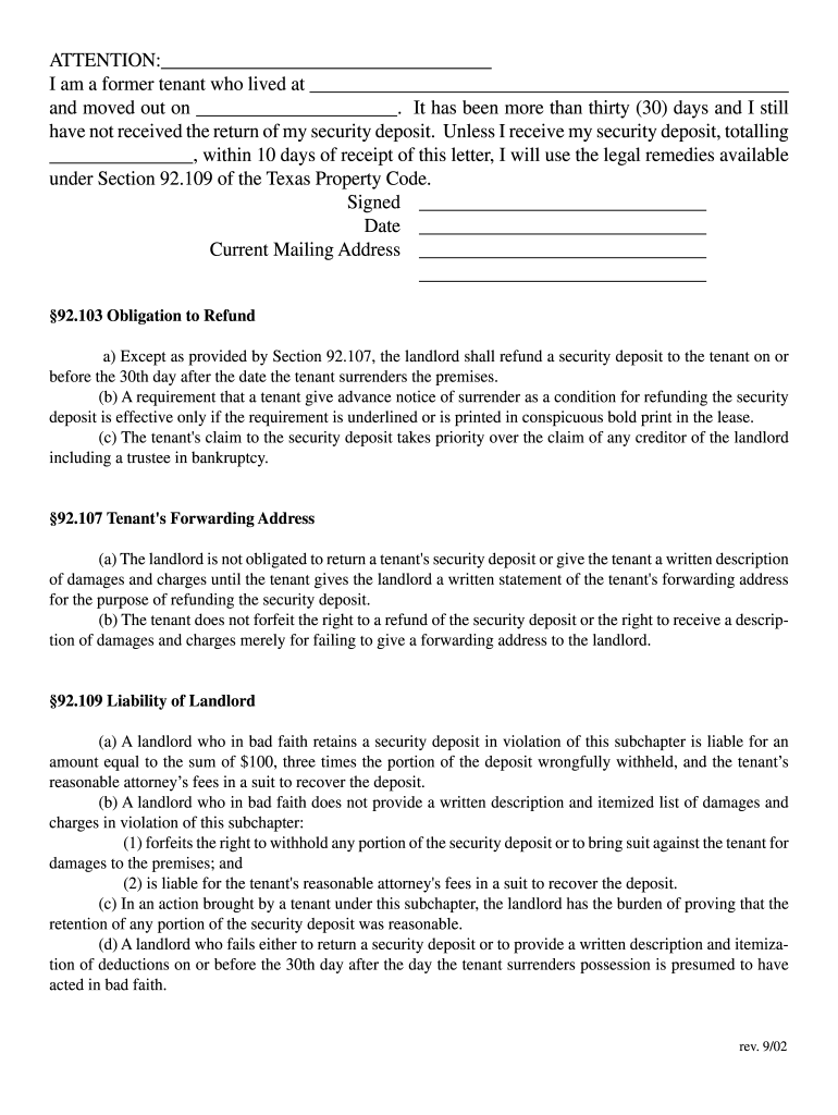 2002 2026 Form TX Security Deposit Refund Demand Letter Fill Out Sign Share Online PdfFiller