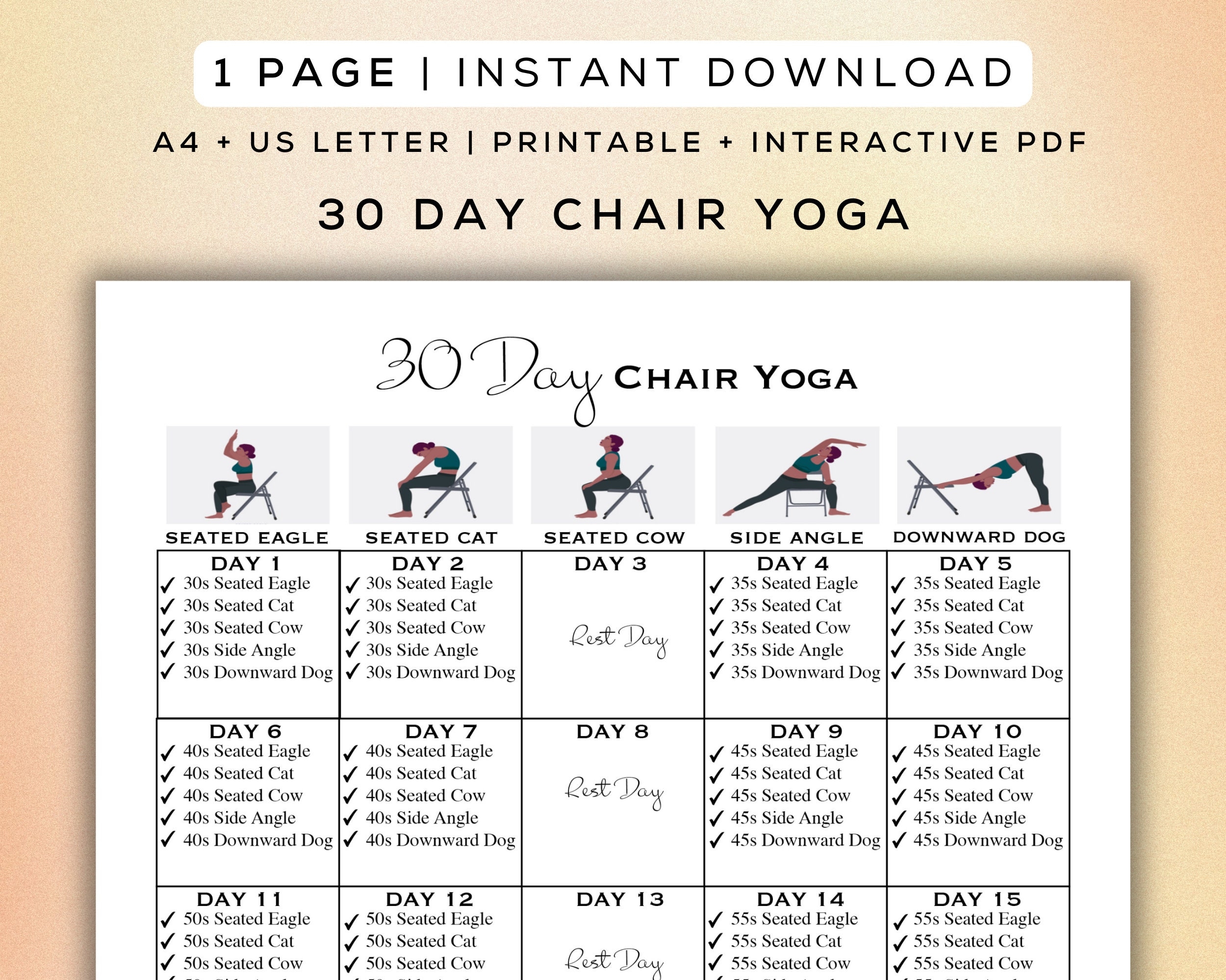 30 Day Chair Yoga Flow Printable Interactive PDF Easy To Follow Poses Beginner Friendly Workout Digital Gym Guide A4 US Letter Etsy