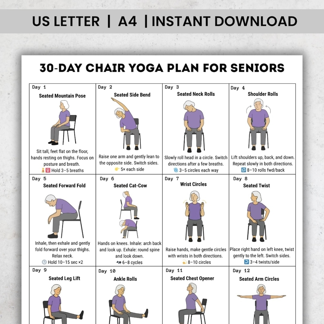 30 Day Chair Yoga For Seniors Challenge Chair Exercise Guide Printable Chair Workout Senior Home Workout Plan Digital Download PDF Etsy