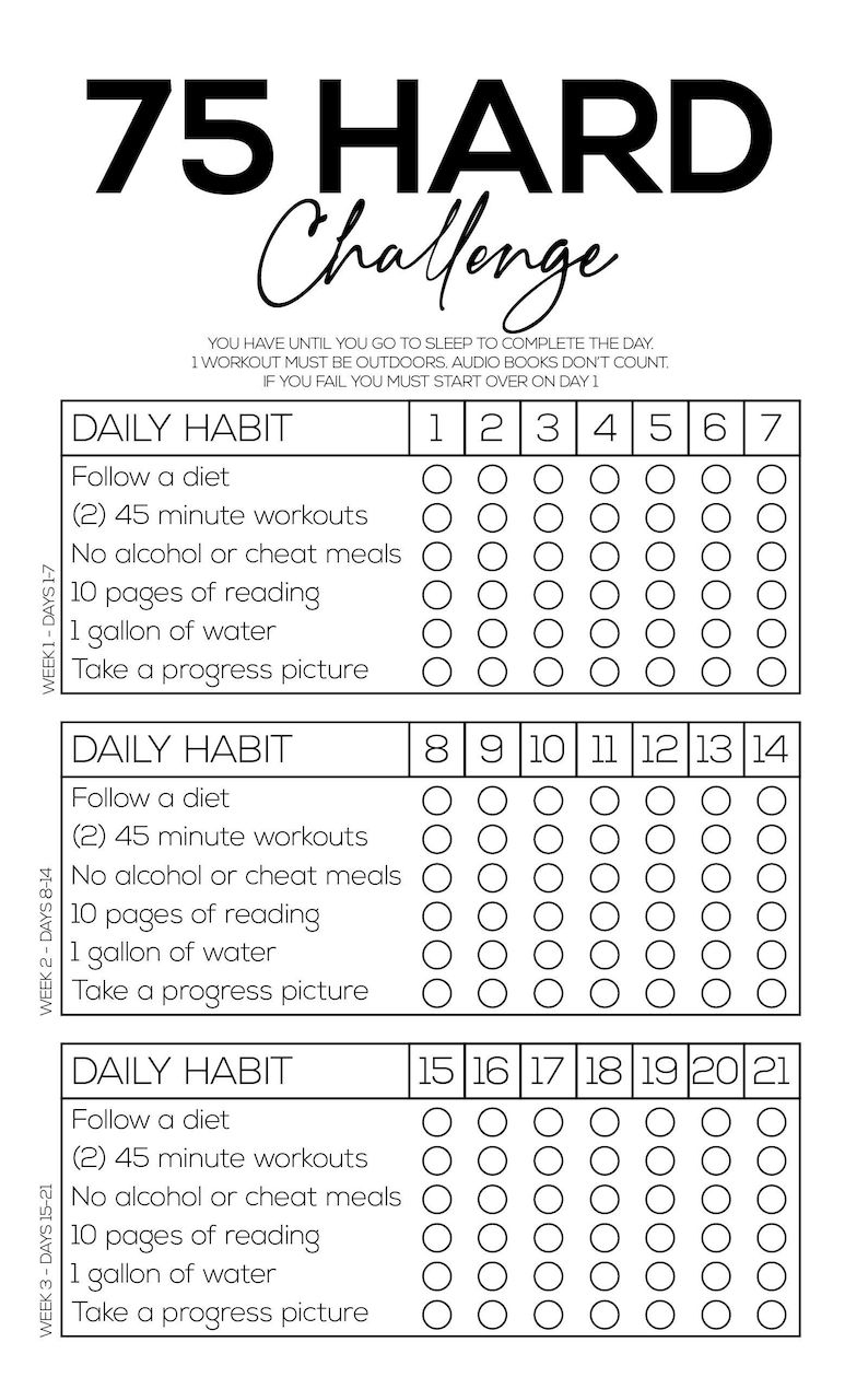 75 Hard Tracker Template Printable Study Planner