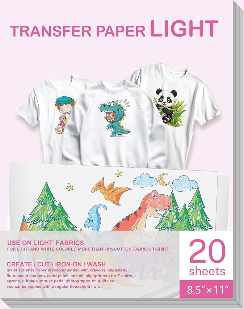 Amazon Heat Transfer Paper For Inkjet LaserJet Printer 20 Sheets 8 5 x11 Light 3 0 Wash Durable Long Lasting Printable HTV Infusible Ink Transfer Sheets Vinyl Iron On Fabric Printer Paper Arts 