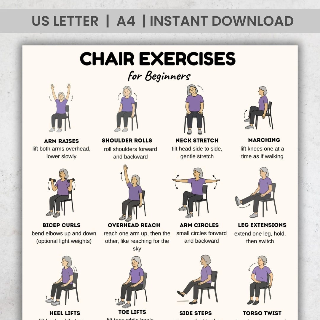 Chair Exercises For Beginners 16 Moves Seated Exercise Plan PDF Printable Chair Workout Chart Easy Chair Exercise Routine Etsy