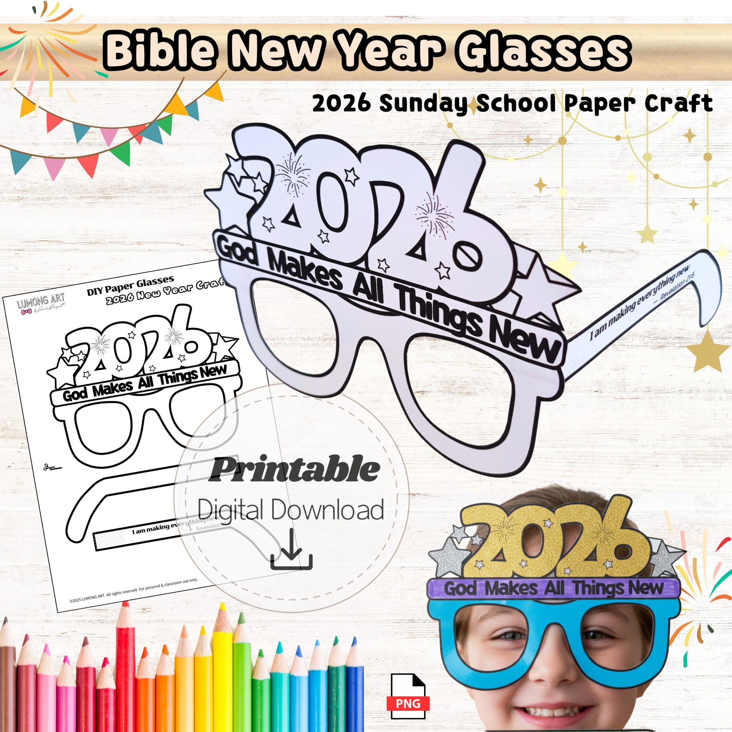 Christian 2026 New Year Glasses Printable Craft Bible Coloring Cut Make Sunday School Lesson Activity Revelation 21 5 Etsy