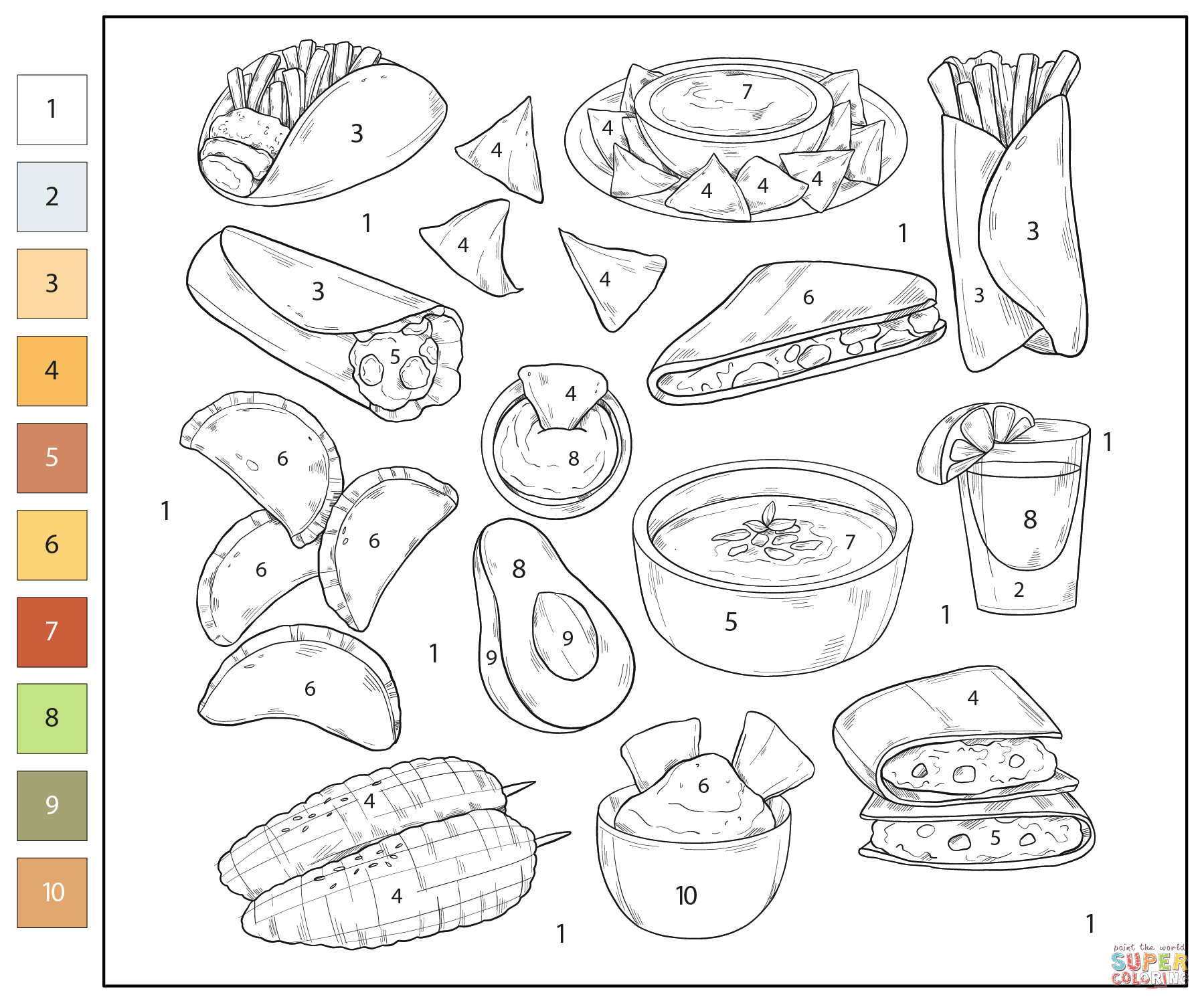 Color By Number Mexican Food Coloring Page Free Printable