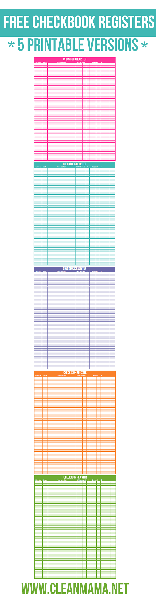 FREE Checkbook Registers 5 Printable Versions Clean Mama FREE Checkbook Registers 5 Printable Versions Clean Mama