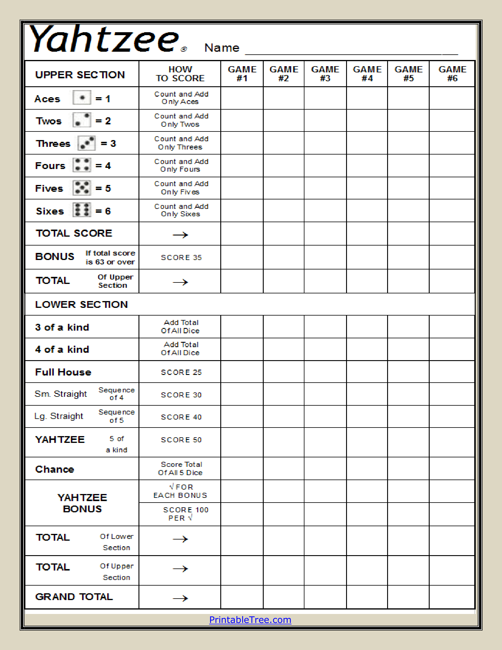 printable yahtzee score card