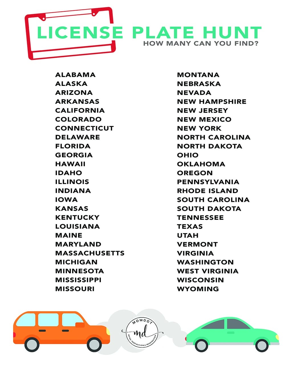 License Plate Game Printable For Road Trip Travel Momdot