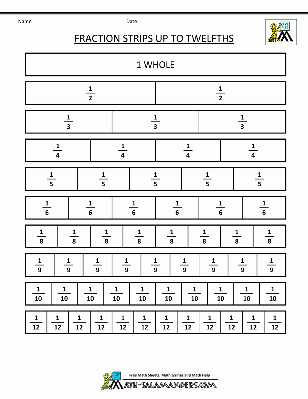 Printable Fraction Strips Printable Fraction Strips