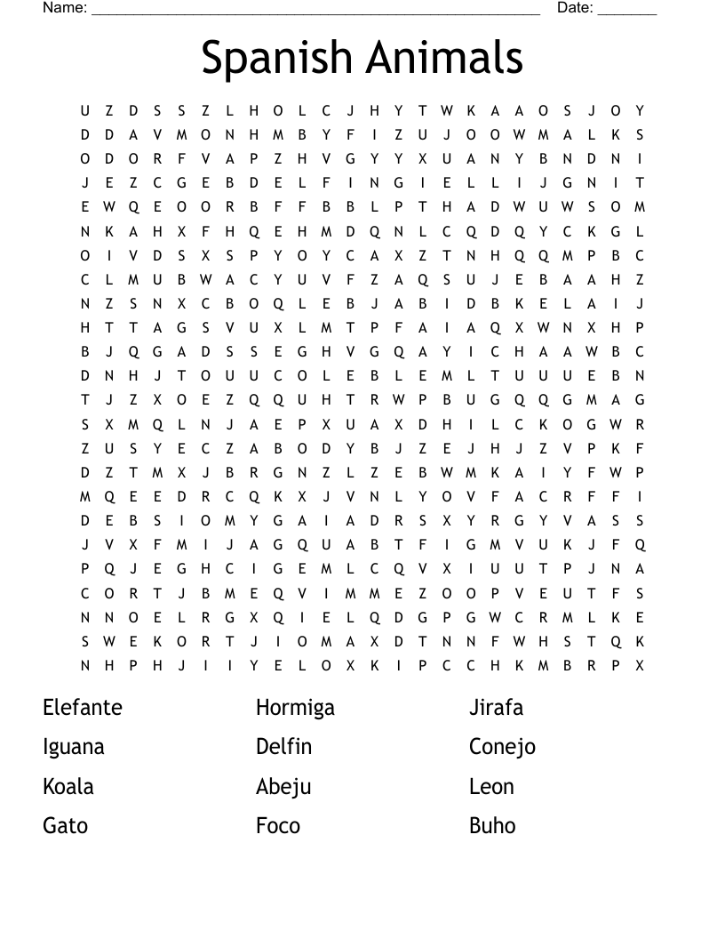 Spanish Animals Word Search WordMint