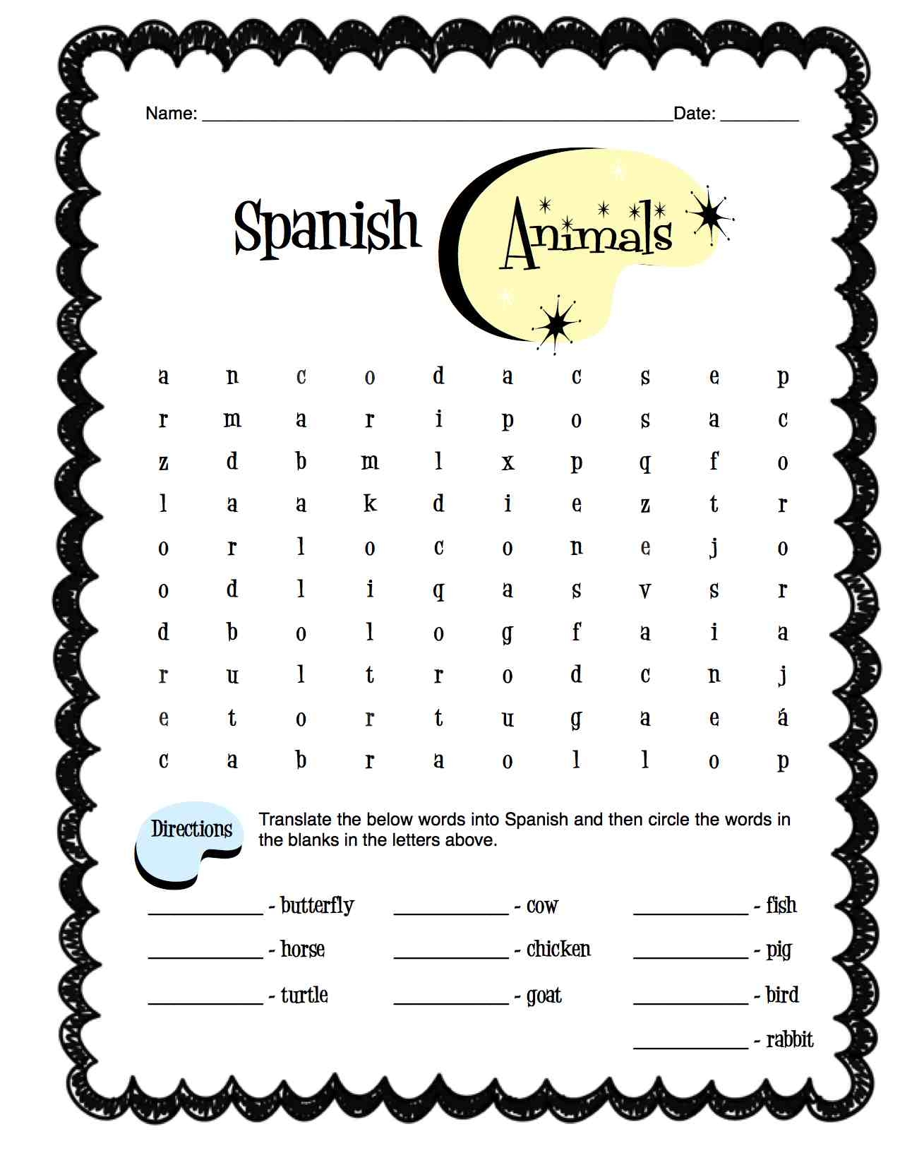 free printable word search animals spanish
