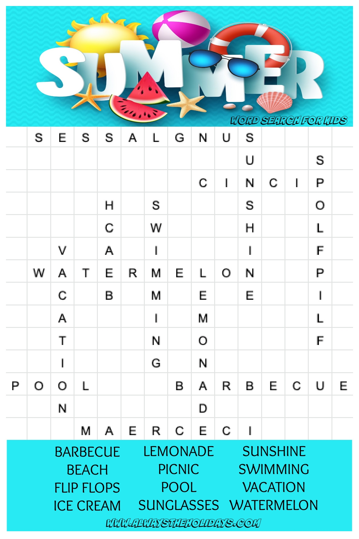 free printable summer word search