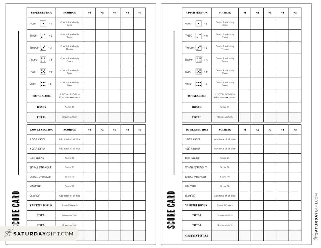 yahtzee score sheet printable